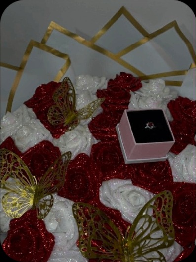 Red and white glitter rose bouquet with gold butterflies and ring box